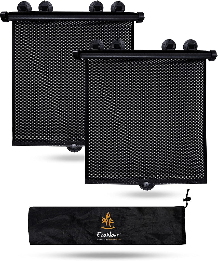 EcoNour Car Side Window Sun Shade (2 Pack) | Retractable Roller Sunshade for Kids | Baby Car Window Shades for UV and Sun Glare Protection | Baby Travel Accessories (15"x17")