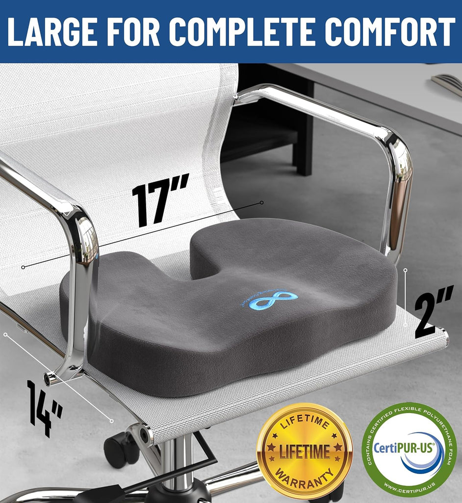 Everlasting Comfort Doctor Recommended Memory Foam Seat Cushion for Office Chairs & Car Seat - Ergonomic Office Desk Accessories for Tailbone Pain Relief, Sciatica & Back Support