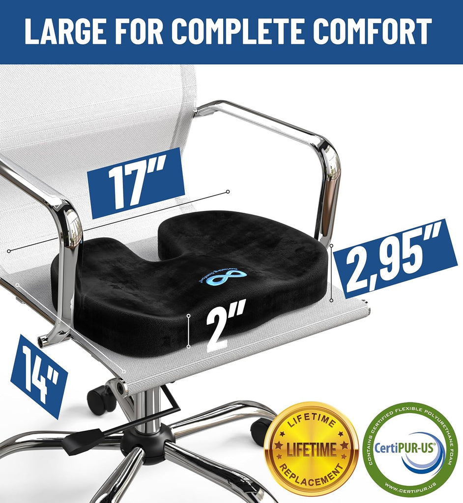 Everlasting Comfort Doctor Recommended Memory Foam Seat Cushion for Office Chairs & Car Seat - Ergonomic Office Desk Accessories for Tailbone Pain Relief, Sciatica & Back Support