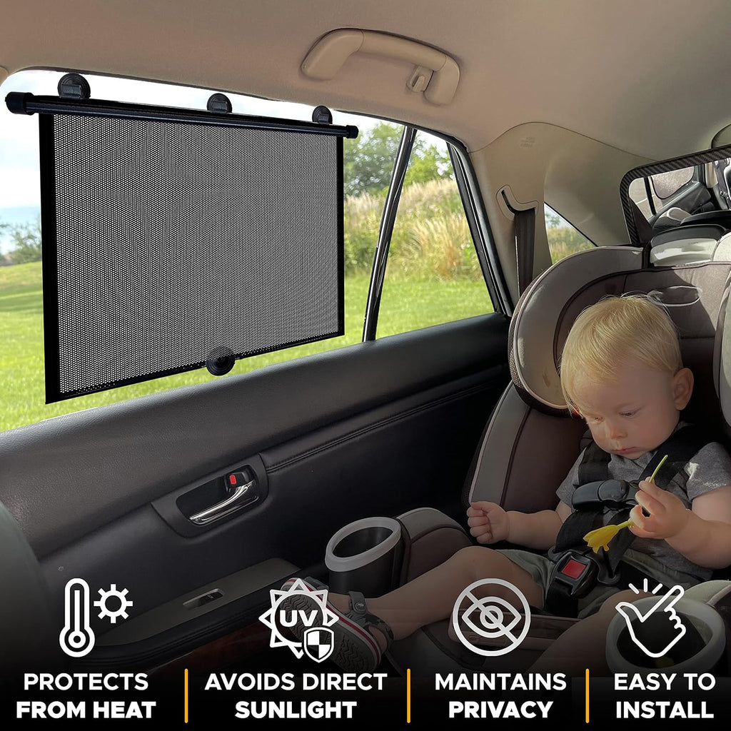 EcoNour Car Side Window Sun Shade (2 Pack) | Retractable Roller Sunshade for Kids | Baby Car Window Shades for UV and Sun Glare Protection | Baby Travel Accessories (15"x17")
