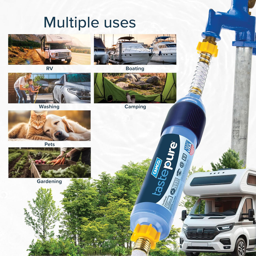 Camco Tastepure RV Water Filter - New & Advanced RV Inline Water Filter with Flexible Hose Protector - GAC & KDF Filtration - Made in USA - Camping Essentials for Fresh Drinking Water (40043)