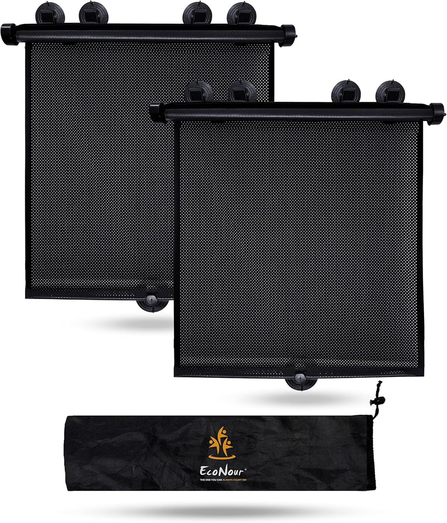 EcoNour Car Side Window Sun Shade (2 Pack) | Retractable Roller Sunshade for Kids | Baby Car Window Shades for UV and Sun Glare Protection | Baby Travel Accessories (15"x17")