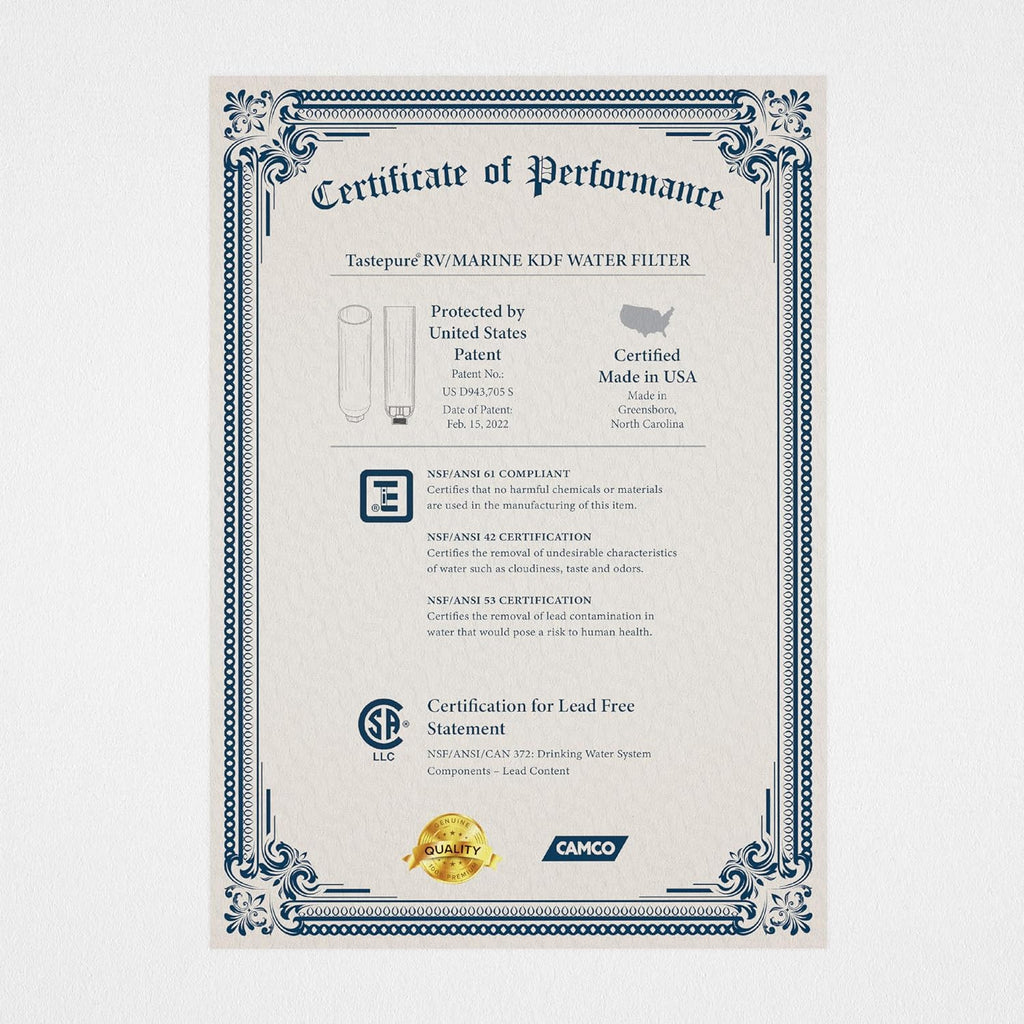 Camco Tastepure RV Water Filter - New & Advanced RV Inline Water Filter with Flexible Hose Protector - GAC & KDF Filtration - Made in USA - Camping Essentials for Fresh Drinking Water (40043)