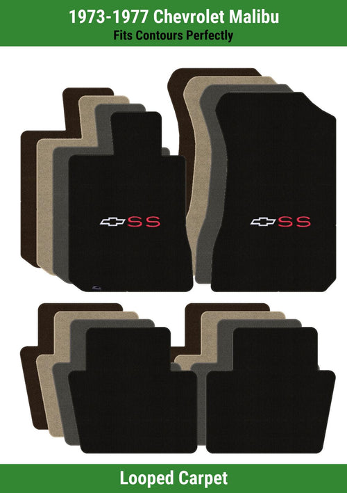 Lloyd Loop Front & Rear Mats for '73-77 Malibu W/White/Red SS with Bowtie