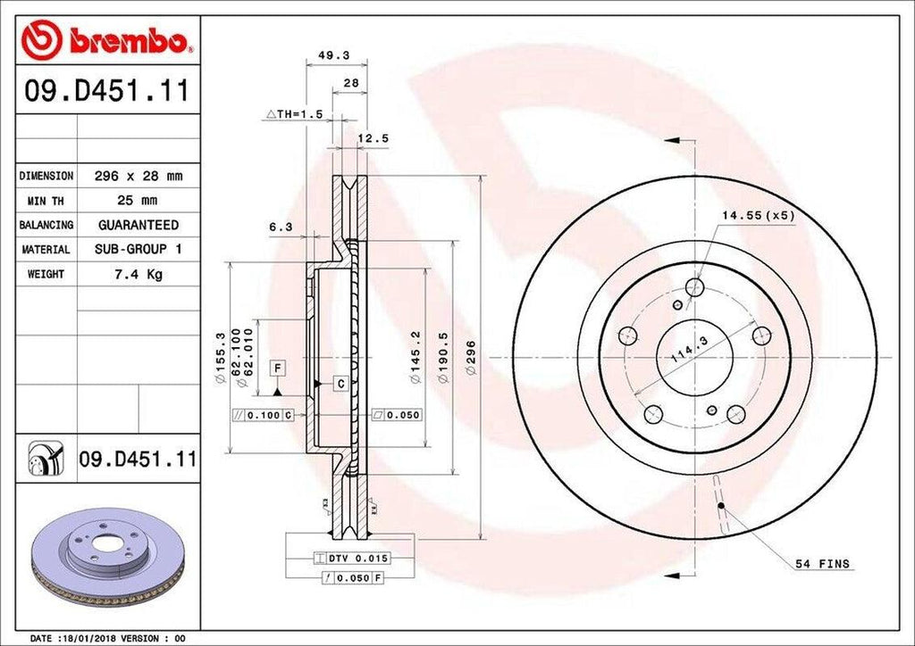 Brembo Front Disc Brake Rotor for ES350, Avalon, Camry (09.D451.11)