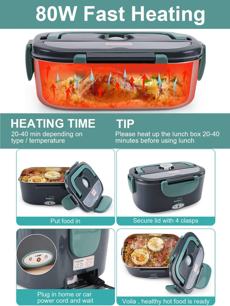 Buddew Electric Lunch Box 80W Food Heater for Adults, 12/24/110V Portable Lunch Warmer Upgraded Heated Lunch Box for Car/Truck/Office with SS Fork&Spoon and Insulated Carry Bag (Green)