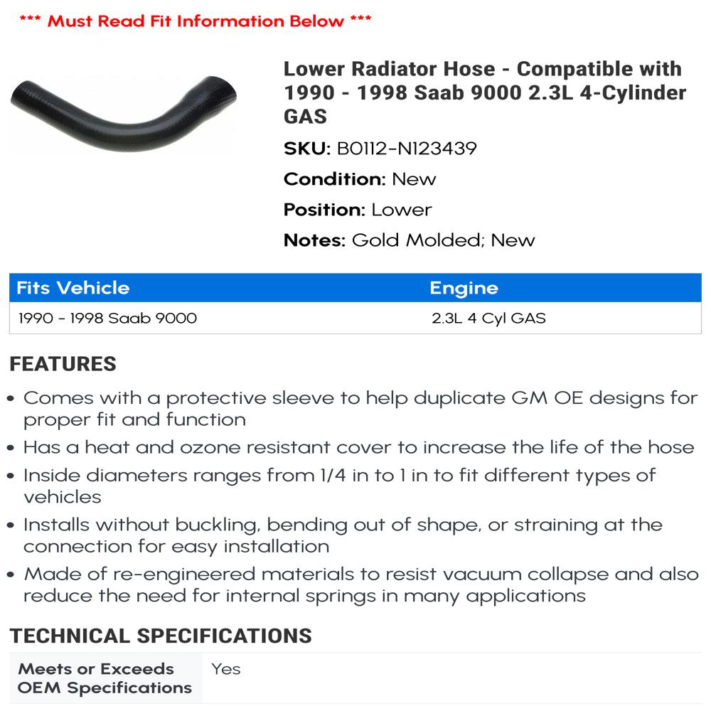 Lower Radiator Hose - Compatible with 1990 - 1998 Saab 9000 2.3L 4-Cylinder GAS 1991 1992 1993 1994 1995 1996 1997