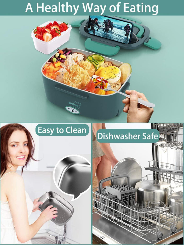 Buddew Electric Lunch Box 80W Food Heater for Adults, 12/24/110V Portable Lunch Warmer Upgraded Heated Lunch Box for Car/Truck/Office with SS Fork&Spoon and Insulated Carry Bag (Green)