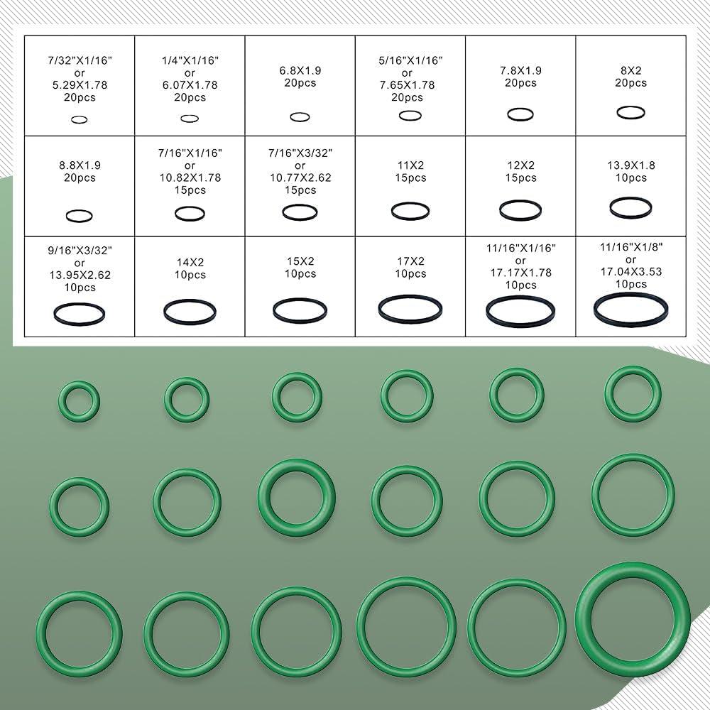270PCS O Rings Kit, Automotive AC O-Rings Kit, Car Air Conditioning Compressor Seal Ring, Green O-Ring Rubber Ring, O-Ring Assortment Set for Car Repair, Plumbing, Air or Gas Connections