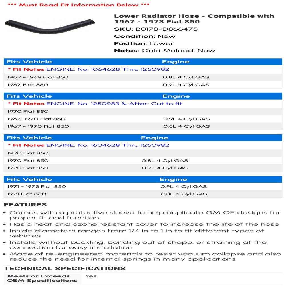 Lower Radiator Hose - Compatible with 1967 - 1973 Fiat 850 1968 1969 1970 1971 1972