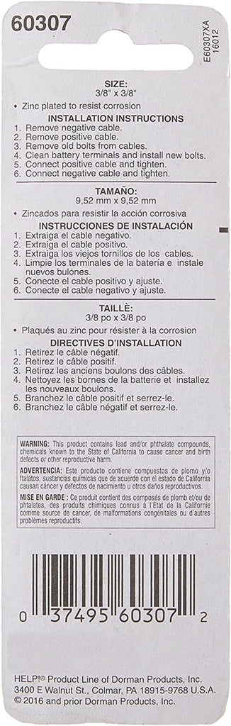 Dorman 60307 3/8 In.-16 X 3/8 In. Stud Length, 1-1/8 In. Long Side Terminal Bolts, 2 Pack Universal Fit