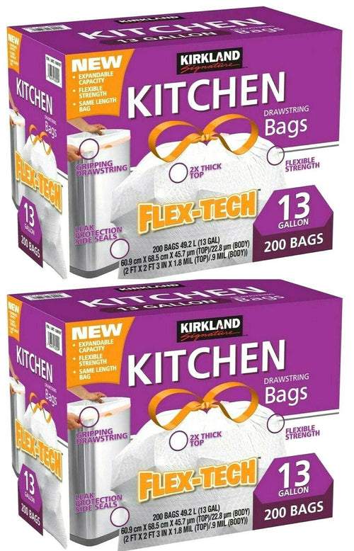 2 X Kirkland Signature Flex-Tech Kitchen Trash Bags 13 Gallon 200Ct, Total 400Ct