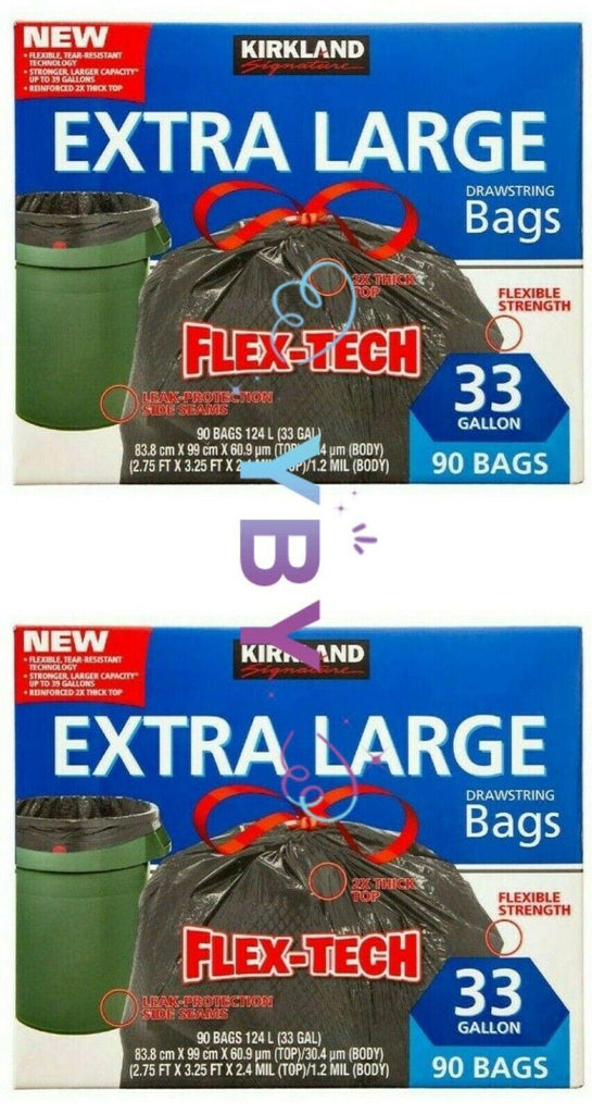 2X Kirkland Signature Flex-Tech Drawstring Trash Bags 33 Gallon 90Ct,Total 180Ct