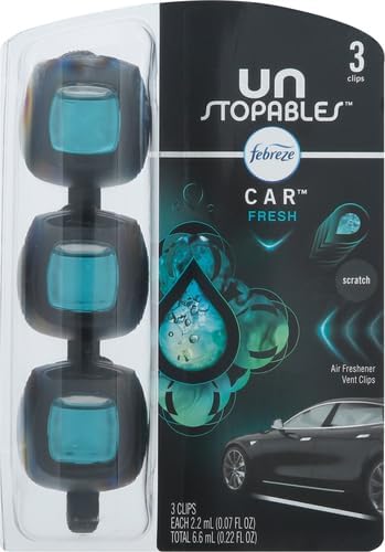 Febreze Unstopables Car Odor-Fighting Car Freshener Vent Clip Fresh Scent, .07 oz. Car Vent Clip, Pack of 4 (Packaging may vary)