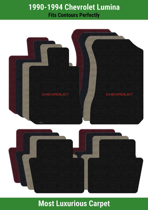 Lloyd Luxe Front & Rear Carpet Mats for '90-94 Chevy Lumina W/Chevy Red on Black