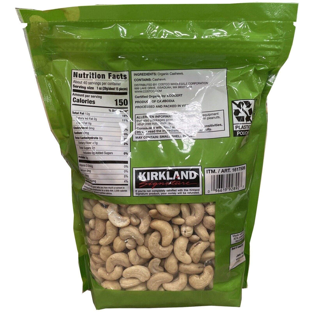 2 Packs Kirkland Signature Organic Whole Cashews Unsalted Unroasted 40Oz