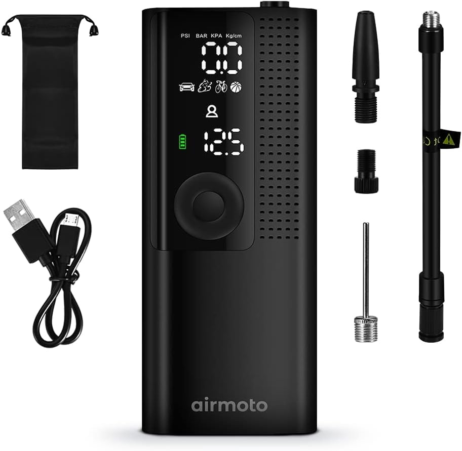 Airmoto Tire Inflator Portable Air Compressor - Air Pump For Car Tires with Digital Pressure Gauge, LED Light and Auto Shut-Off Function - Cordless Pump for Car, Motorcycle, Bicycle, Balls and More