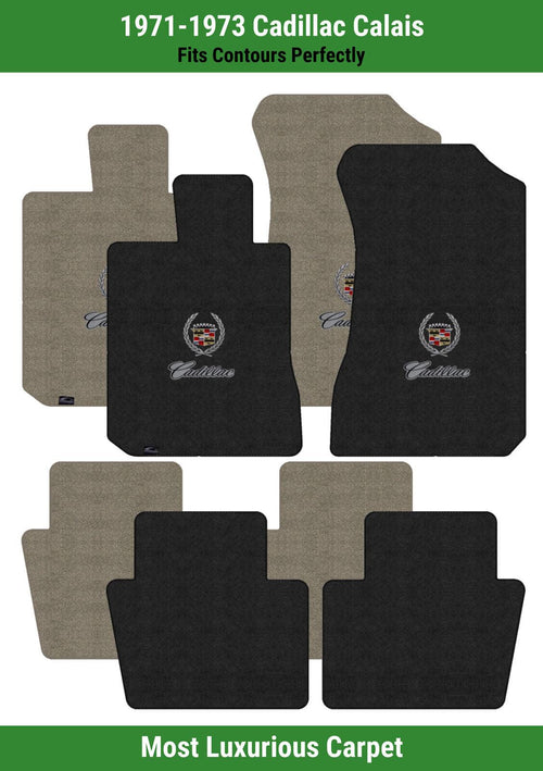Lloyd Luxe Front & Rear Mats for '71-73 Calais W/Cadillac Crest 2 Silver/Black O