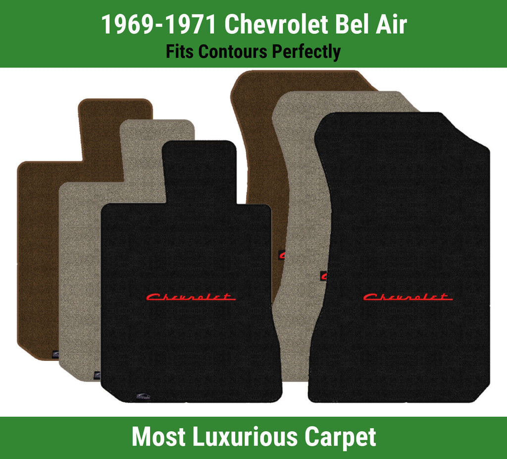 Lloyd Luxe Front Carpet Mats for '69-71 Chevy Bel Air W/Red on Black Chevy Logo