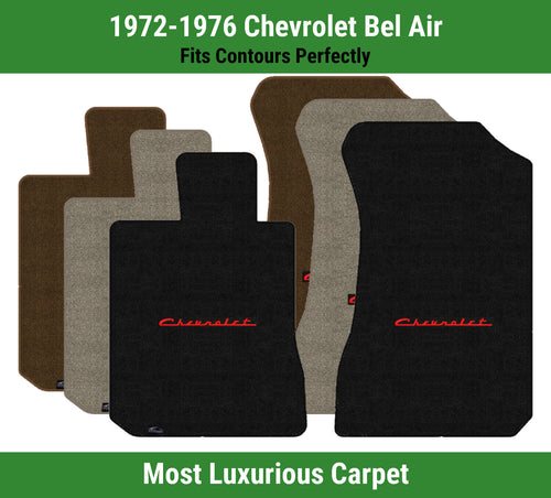 Lloyd Luxe Front Carpet Mats for '72-76 Chevy Bel Air W/Red on Black Chevy Logo