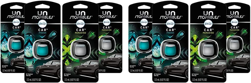 Febreze Unstopables Car Odor-Fighting Car Freshener Vent Clip Fresh Scent, .07 oz. Car Vent Clip, Pack of 4 (Packaging may vary)