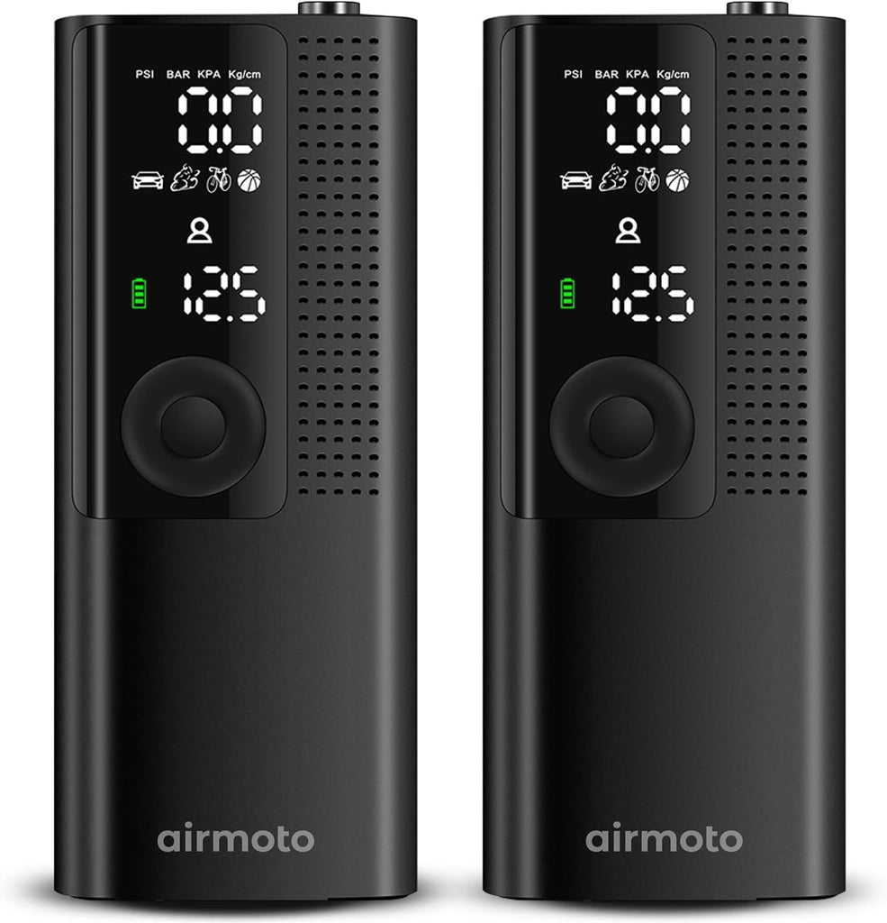 Airmoto Tire Inflator Portable Air Compressor - Air Pump For Car Tires with Digital Pressure Gauge, LED Light and Auto Shut-Off Function - Cordless Pump for Car, Motorcycle, Bicycle, Balls and More