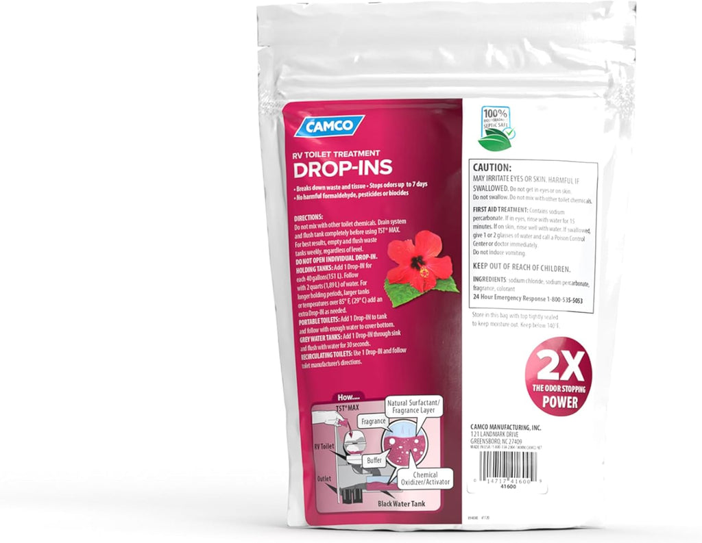 Camco TST MAX RV Toilet Treatment Drop-INs - Control Unwanted Odors & Break Down Waste and Tissue - Safe Septic Tank Treatment - Orange Scent, 30-Pack (41183)