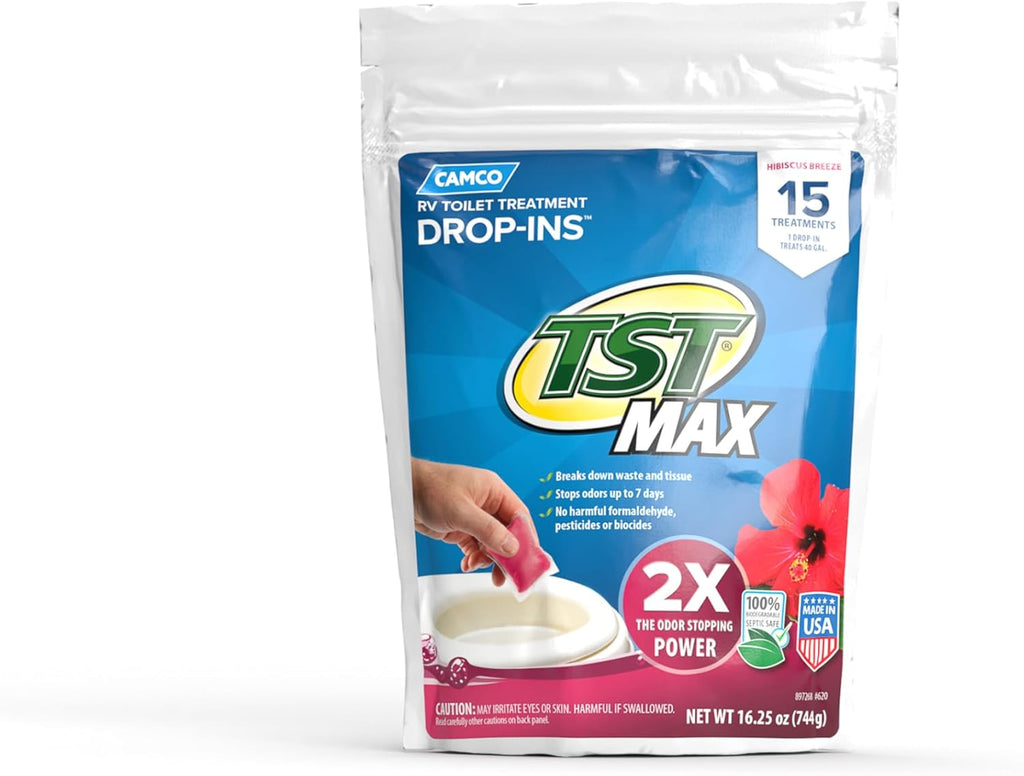 Camco TST MAX RV Toilet Treatment Drop-INs - Control Unwanted Odors & Break Down Waste and Tissue - Safe Septic Tank Treatment - Orange Scent, 30-Pack (41183)