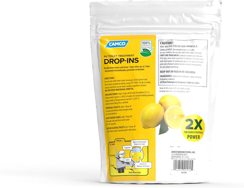 Camco TST MAX RV Toilet Treatment Drop-INs - Control Unwanted Odors & Break Down Waste and Tissue - Safe Septic Tank Treatment - Orange Scent, 30-Pack (41183)