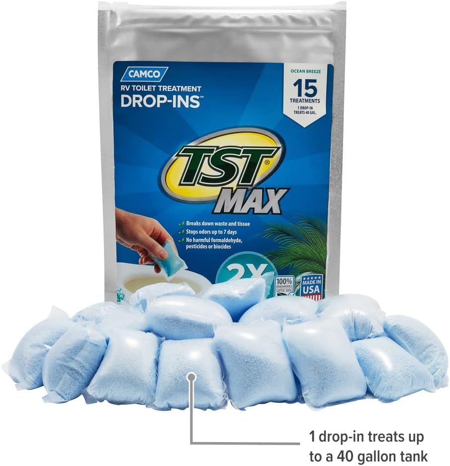 Camco TST MAX RV Toilet Treatment Drop-INs - Control Unwanted Odors & Break Down Waste and Tissue - Safe Septic Tank Treatment - Orange Scent, 30-Pack (41183)