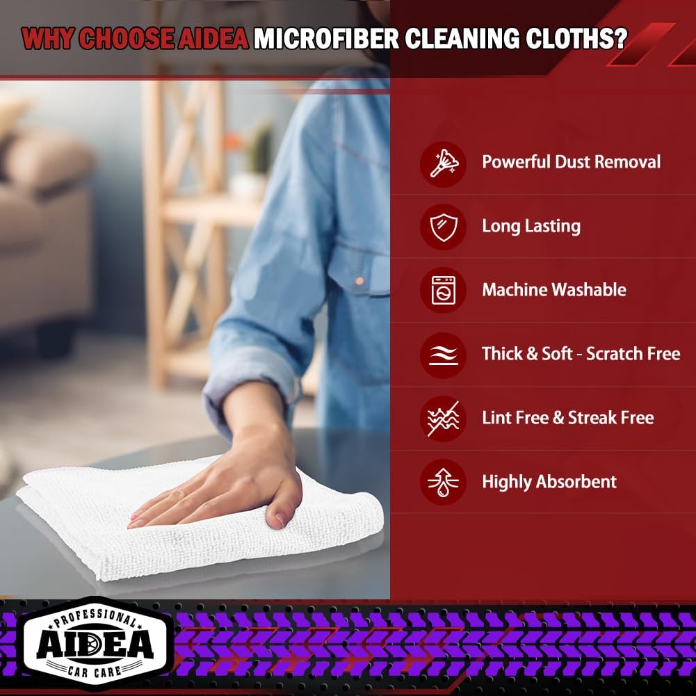 AIDEA Microfiber Cleaning Cloth, 50PK, Microfiber Towels for Cars, Premium All Purpose Car Cloths, Dusting Cloth Cleaning Rags, Absorbent Towels for SUVs, House, Kitchen, Window, 12"×12"
