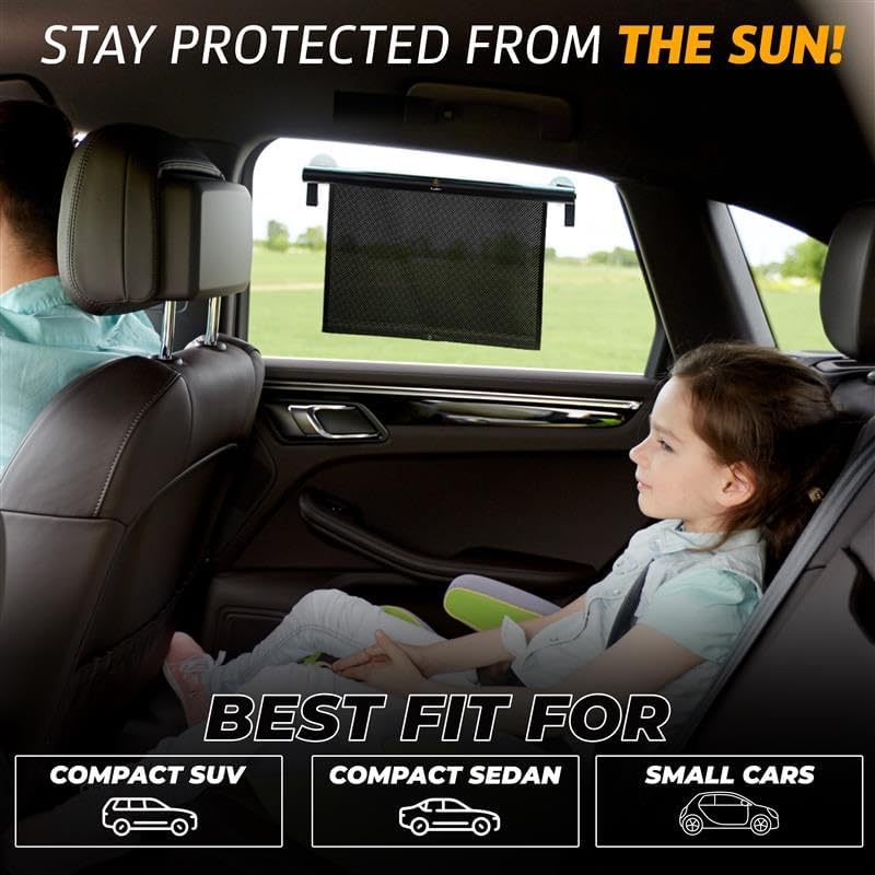 EcoNour Car Side Window Sun Shade (2 Pack) | Retractable Roller Sunshade for Kids | Baby Car Window Shades for UV and Sun Glare Protection | Baby Travel Accessories (15"x17")