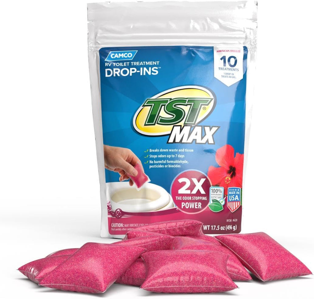 Camco TST MAX RV Toilet Treatment Drop-INs - Control Unwanted Odors & Break Down Waste and Tissue - Safe Septic Tank Treatment - Orange Scent, 30-Pack (41183)