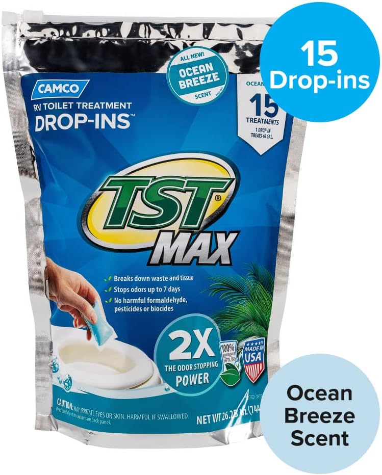 Camco TST MAX RV Toilet Treatment Drop-INs - Control Unwanted Odors & Break Down Waste and Tissue - Safe Septic Tank Treatment - Orange Scent, 30-Pack (41183)