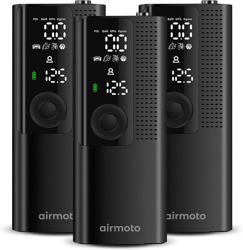 Airmoto Tire Inflator Portable Air Compressor - Air Pump For Car Tires with Digital Pressure Gauge, LED Light and Auto Shut-Off Function - Cordless Pump for Car, Motorcycle, Bicycle, Balls and More