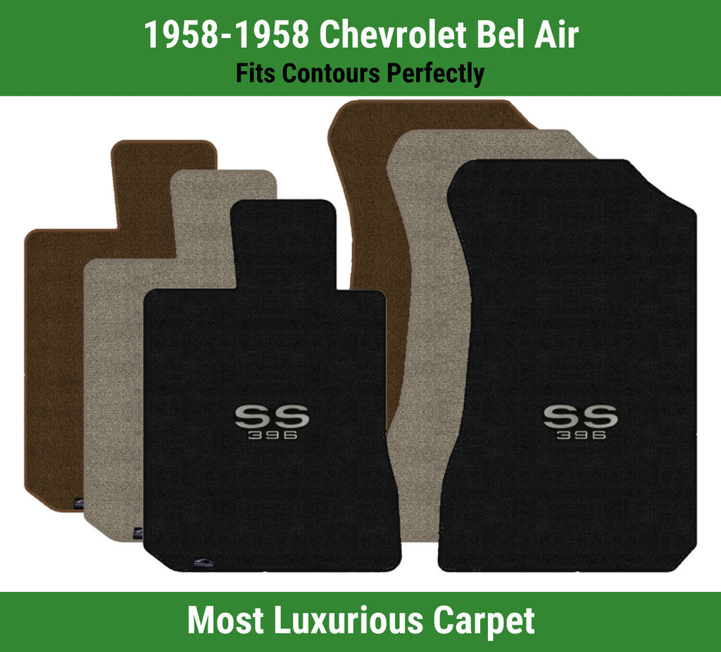 Lloyd Luxe Front Carpet Mats for '58 Chevy Bel Air W/Silver on Black SS 396 Logo