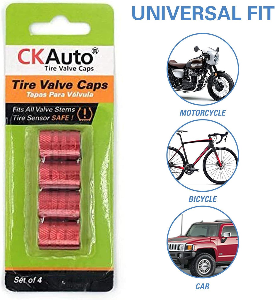 CKAuto Tire Valve Stem Caps, Black, 4 pcs/Pack, Anodized Aluminum Tire Valve Cap Set, Corrosion Resistant, Universal Stem Covers for Cars Trucks Motorcycles SUVs and Bikes