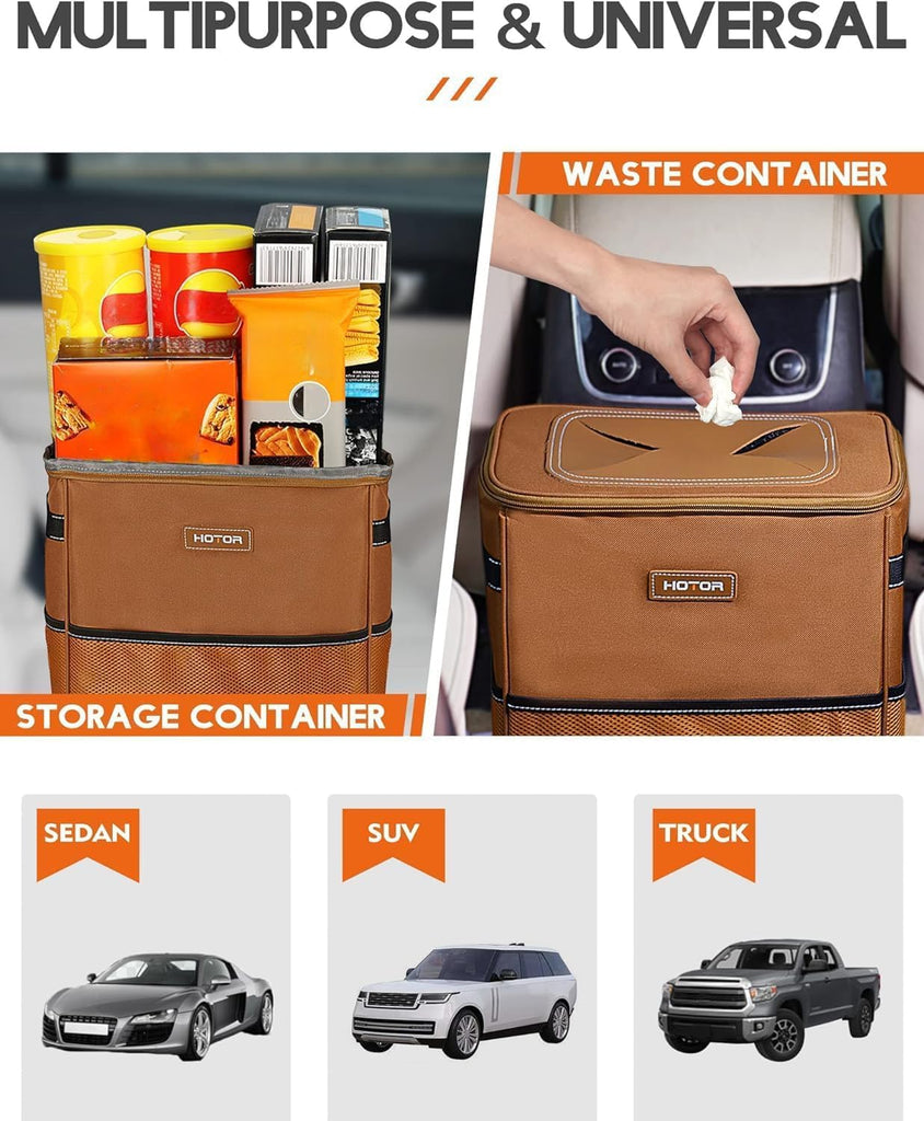 HOTOR Car Trash Can with Lid and Storage Pockets - 100% Leak-Proof Organizer, Waterproof Garbage Can, Multipurpose Trash Bin for Car, 2 Gallons, Black