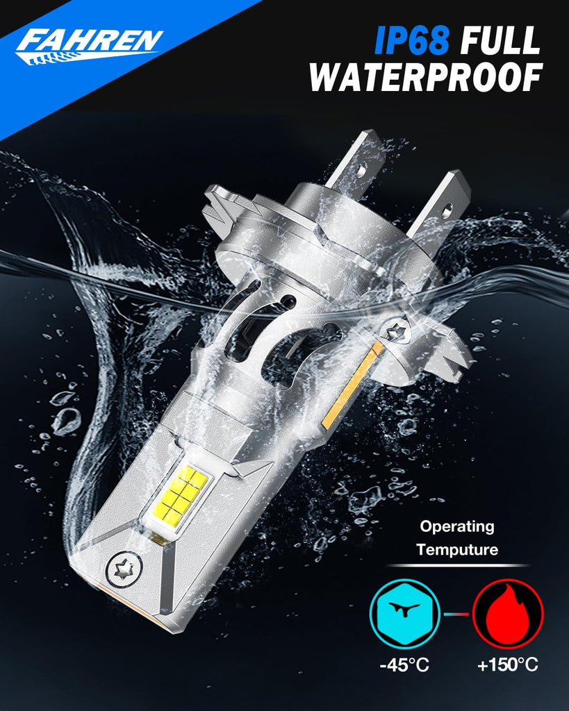 FAHREN H1 Fog Bulbs, 28000LM Brightness 1:1 Mini Size No Adapter Needed Plug & Play, 6500k White with 16 CSP Chips, Canbus Ready Non-Polarity H1 Light Bulb with Turbo Fan, IP68 Waterproof Pack of 2