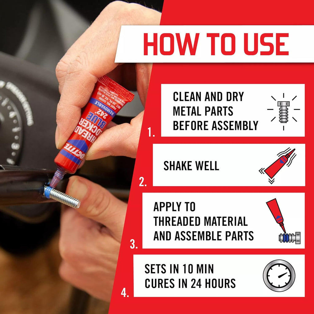 Loctite Threadlocker Blue 242 - Removable Thread Lock Glue for Nuts, Bolts, & Fasteners, Medium Strength Screw Glue to Prevent Loosening & Corrosion - 6 ml, 1 Pack