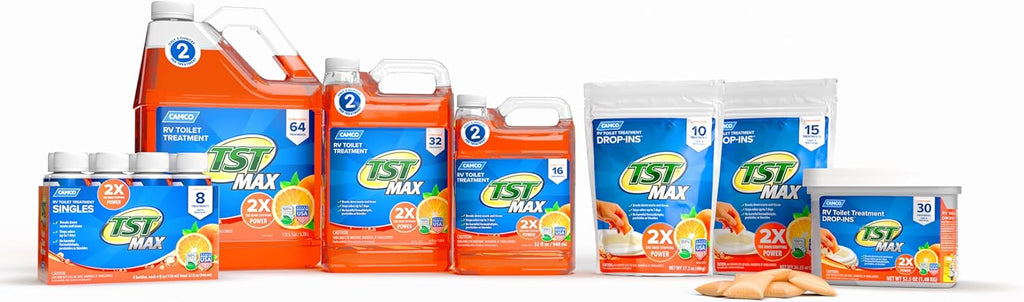 Camco TST MAX RV Toilet Treatment Drop-INs - Control Unwanted Odors & Break Down Waste and Tissue - Safe Septic Tank Treatment - Orange Scent, 30-Pack (41183)