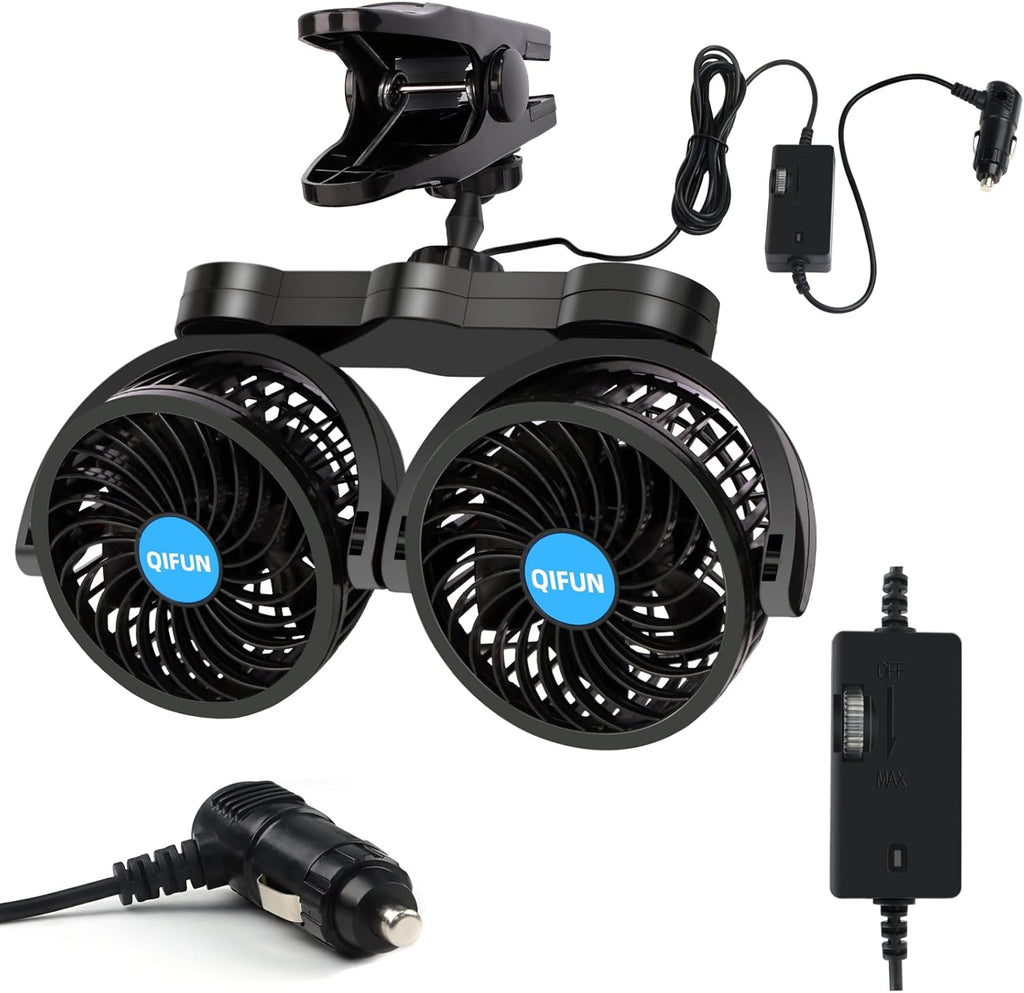 Car Fan Adjustable Dual Head 12V 360° Rotatable 4 Inches Car Clip Fan for Front/Rear Seat Passenger Car Essentials Cooler with Stepless Speed Regulation for Vehicle SUV, RV