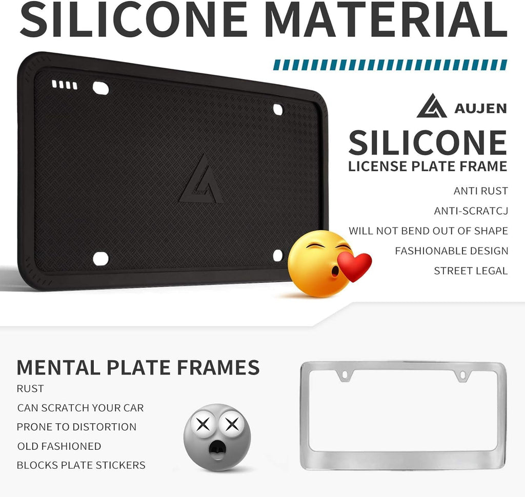 Aujen Silicone License Plate Frames Black, 2 Pack Car License Plate Frame, Universal US Car Black License Plate Holders Brackets Rust-Proof, Rattle-Proof, Weather-Proof Car Accessories(Black)