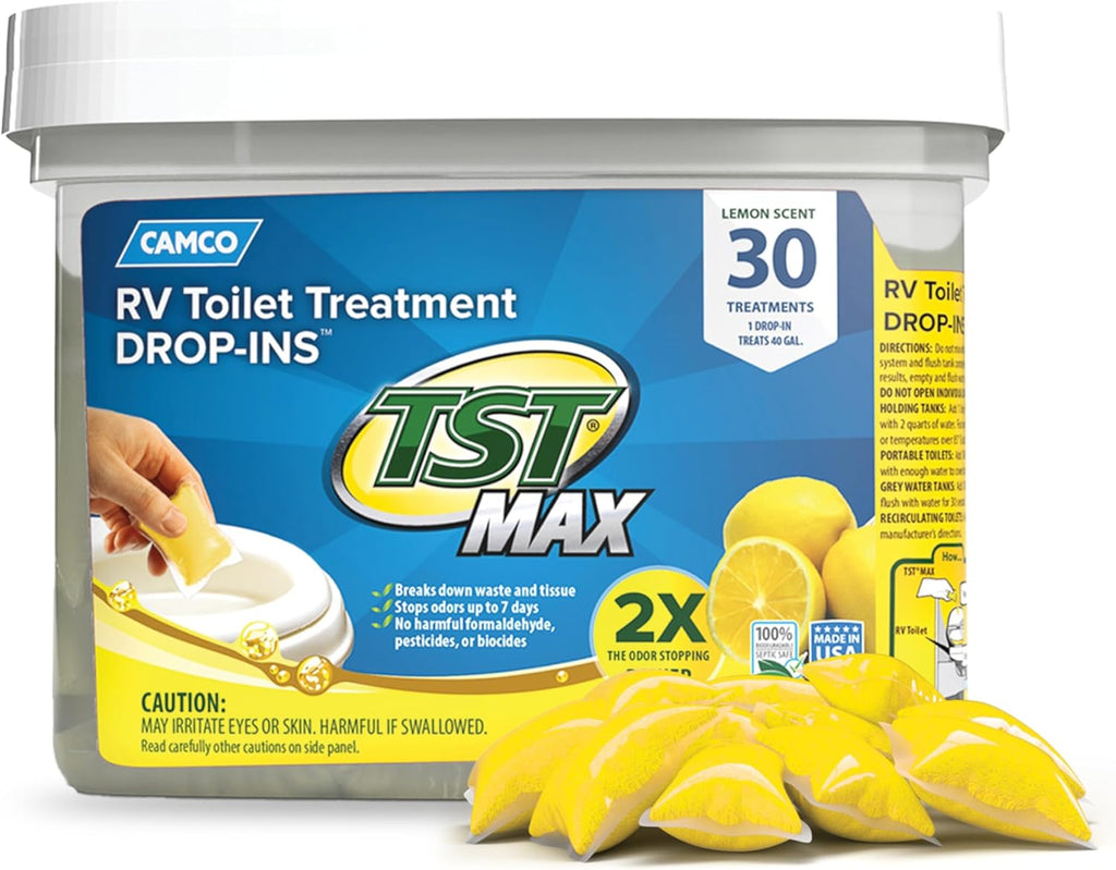 Camco TST MAX RV Toilet Treatment Drop-INs - Control Unwanted Odors & Break Down Waste and Tissue - Safe Septic Tank Treatment - Orange Scent, 30-Pack (41183)