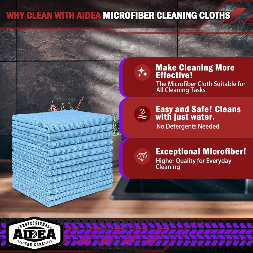 AIDEA Microfiber Cleaning Cloth, 50PK, Microfiber Towels for Cars, Premium All Purpose Car Cloths, Dusting Cloth Cleaning Rags, Absorbent Towels for SUVs, House, Kitchen, Window, 12"×12"