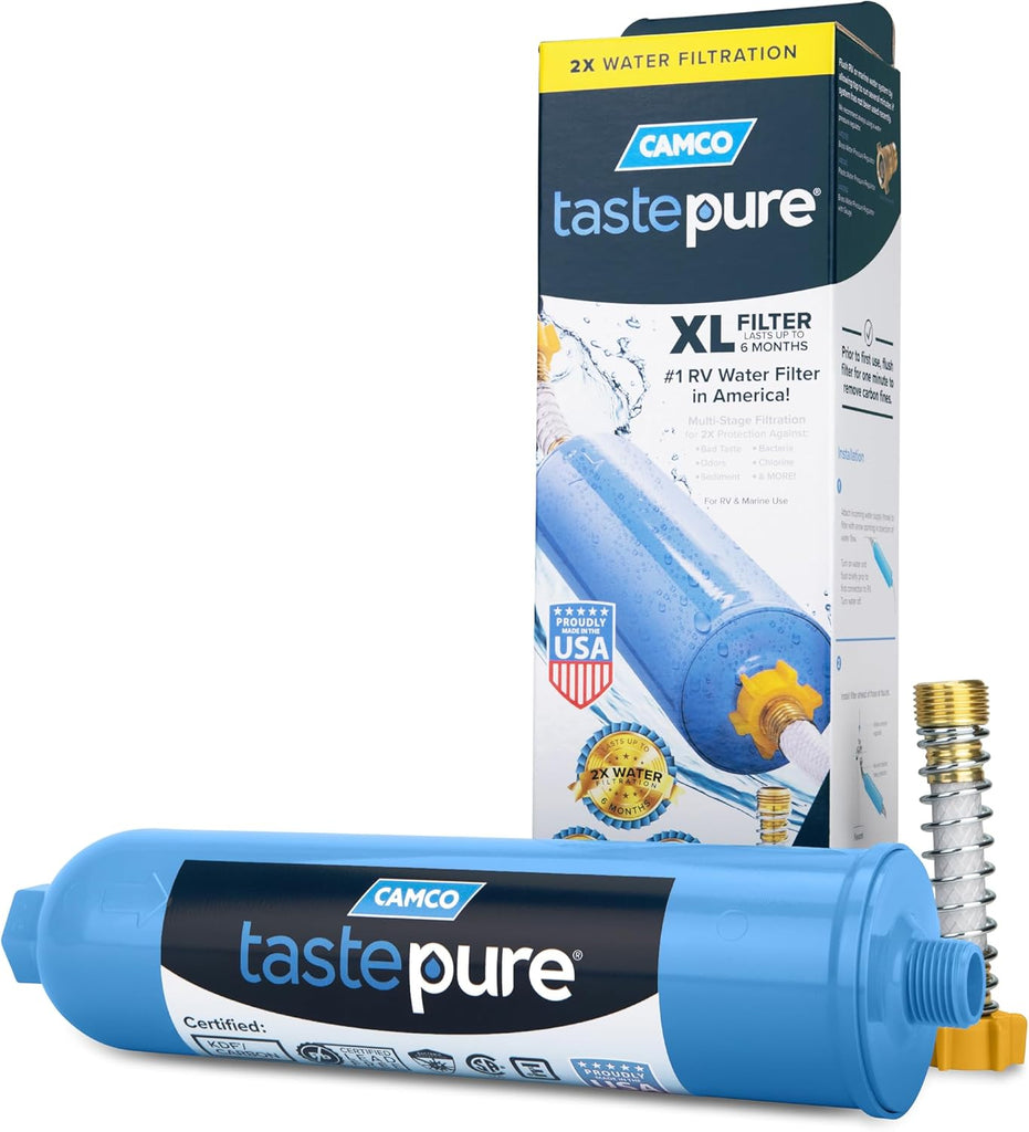 Camco Tastepure RV Water Filter - New & Advanced RV Inline Water Filter with Flexible Hose Protector - GAC & KDF Filtration - Made in USA - Camping Essentials for Fresh Drinking Water (40043)