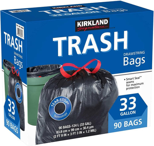 Kirkland Signature Carton is 100% recyclable 33 Gallon Black Drawstring Trash Bag 90 Count,Tear-Stop Technology