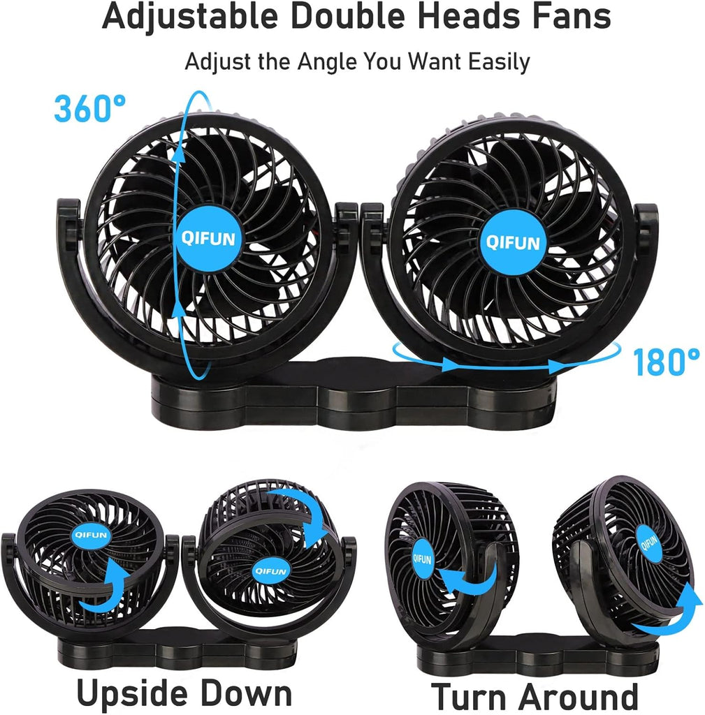 Car Fan Adjustable Dual Head 12V 360° Rotatable 4 Inches Car Clip Fan for Front/Rear Seat Passenger Car Essentials Cooler with Stepless Speed Regulation for Vehicle SUV, RV