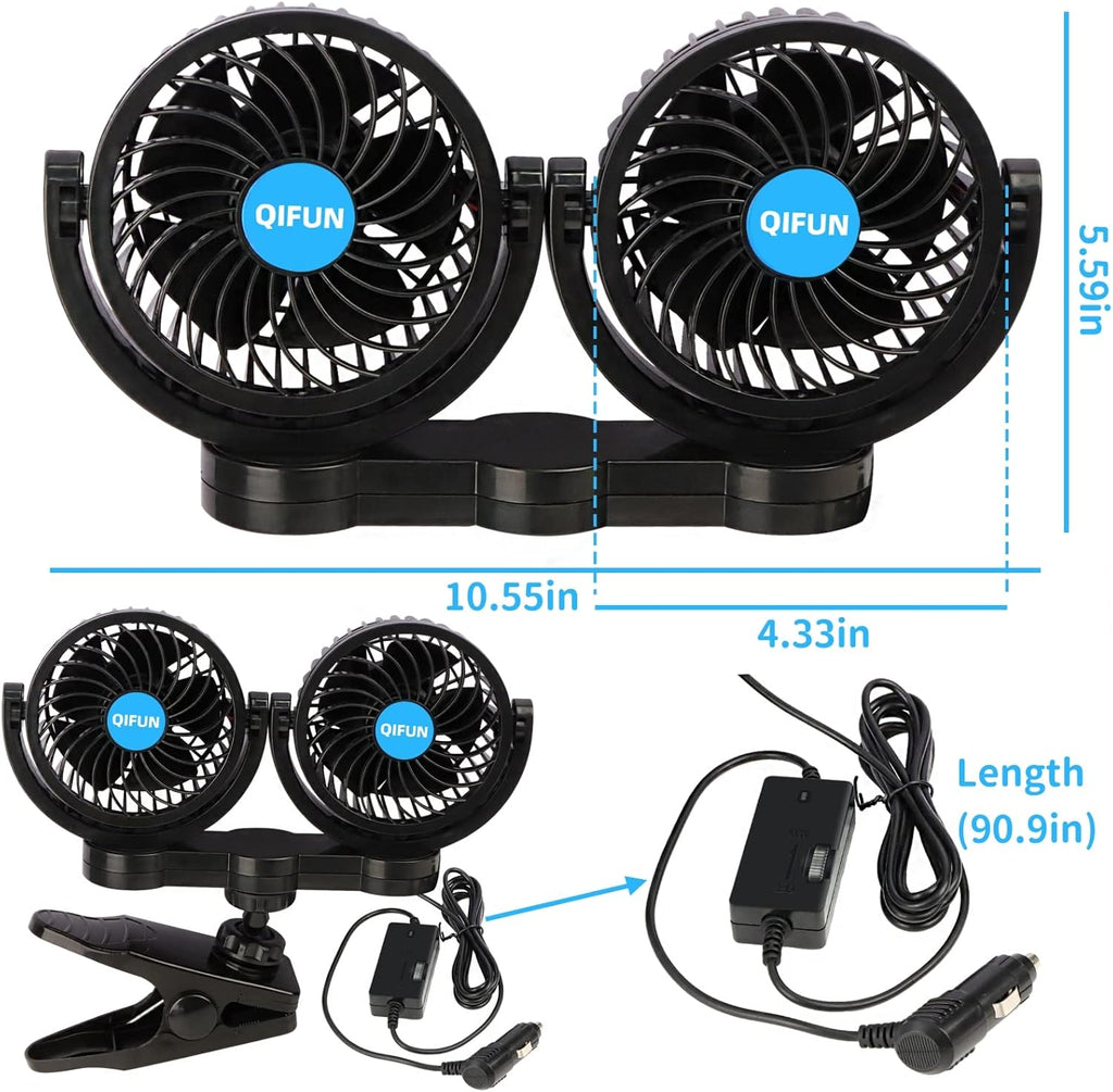 Car Fan Adjustable Dual Head 12V 360° Rotatable 4 Inches Car Clip Fan for Front/Rear Seat Passenger Car Essentials Cooler with Stepless Speed Regulation for Vehicle SUV, RV