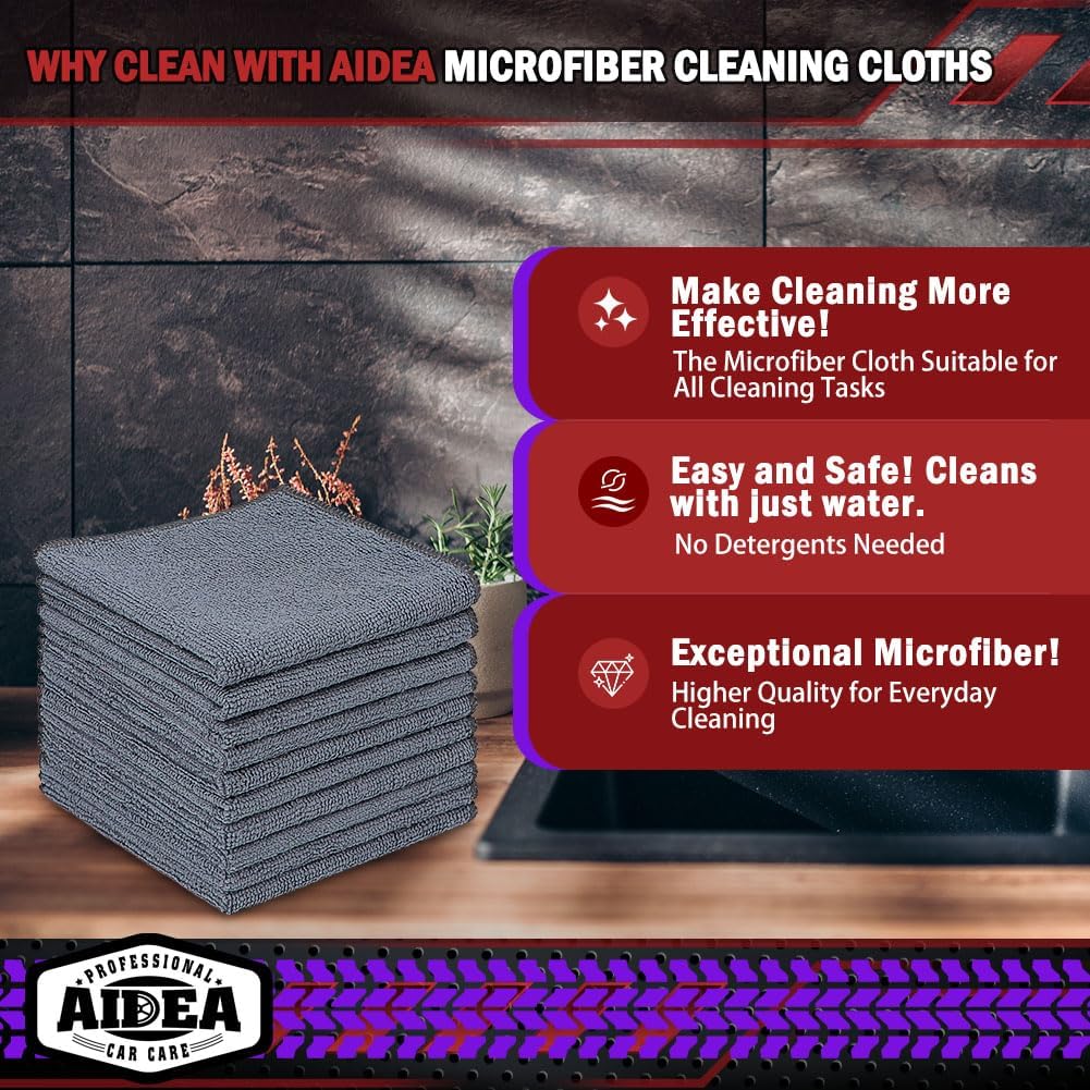 AIDEA Microfiber Cleaning Cloth, 50PK, Microfiber Towels for Cars, Premium All Purpose Car Cloths, Dusting Cloth Cleaning Rags, Absorbent Towels for SUVs, House, Kitchen, Window, 12"×12"